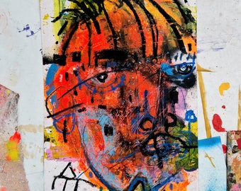BAD BOY 19. Graffiti style. Modern Art. Expressive portrait of a man. Mixed media paintings. Original artwork on paper.