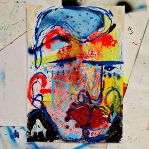 Cuadro sobre papel "BAD BOY 22". Dimensiones 21x29,7cm. Un retrato original, moderno y expresivo de un hombre. Reshka firmado.