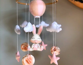 Nursery decor mobile, Rabbit mobile, Hot air balloon mobile, Felt bunny mobile, Mobile for baby, Baby girl, Cloud baby mobile, Newborn gift