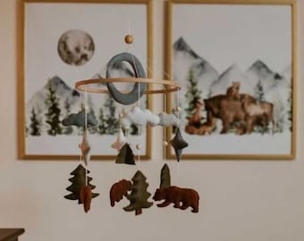 Mountain mobile, Felt grizzly mobile, Bear crib mobile, Bear mobile, Camp baby mobile, Baby boy nursery mobile, Nature mobile, Forest mobile