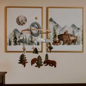 Mountain mobile, Felt grizzly mobile, Bear crib mobile, Bear mobile, Camp baby mobile, Baby boy nursery mobile, Nature mobile, Forest mobile