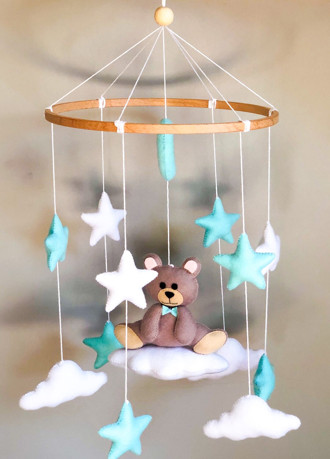 Teddy Bear Mobile Felt Mobile Cloud Stars Mobile Baby Boy Nursery Decor ...