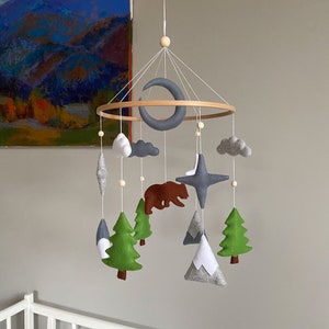 Woodland Adventure Grizzly Bear Baby Mobile,  Forest Nursery Decor, Handmade Camping mobile, Woodland themed crib accessory, Woodland mobile