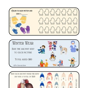 May include: A printable worksheet for children to practise their maths skills. The worksheet features images of winter clothing and accessories, such as mittens, hats and coats. Each image has a number next to it, and the child is instructed to save the amount next to each picture. The total amount saved is £60. The worksheet also includes a section for colouring mittens.