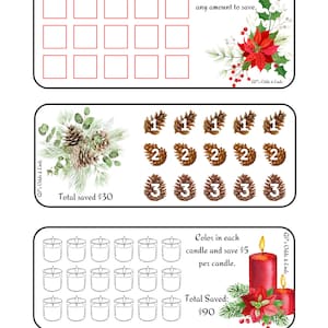 Può includere: Un grafico di risparmio natalizio stampabile con un design di stella di Natale. Il grafico è diviso in tre sezioni, ognuna con un tema diverso. La prima sezione è per risparmiare denaro tirando un dado o scegliendo un numero. La seconda sezione è per risparmiare denaro colorando le candele. La terza sezione è per risparmiare denaro colorando le pigne. Il grafico include un totale di risparmio per ogni sezione.