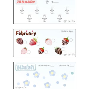 Op de afbeelding: Een printbaar werkblad met drie secties voor januari, februari en maart. Elke sectie heeft een ander thema en bevat een ruimte om een prijs in te vullen. De januari-sectie toont champagne glazen, de februari-sectie toont chocolade bedekte aardbeien en de maart-sectie toont blauwe bloemen en stippen.
