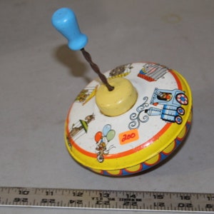 Vintage, Rare, 50&#39;s Metal Spinning Top, Ohio Art, Bryan OH 304-1-179, Circus Train Animals Top with Blue Wooden Handle, Antique Metal Toy