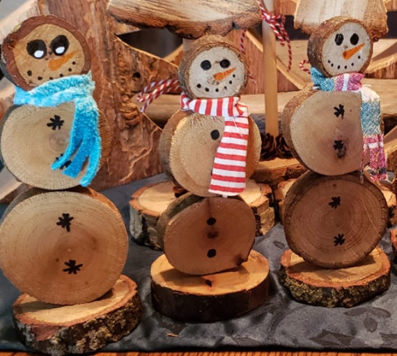 Snowman and Christmas Trees, Made From Wood Chips and Wood Slices