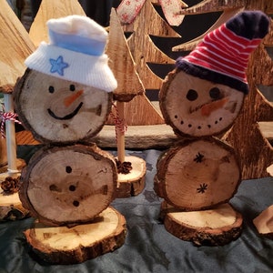 Snowman and Christmas Trees, made from wood chips and wood slices
