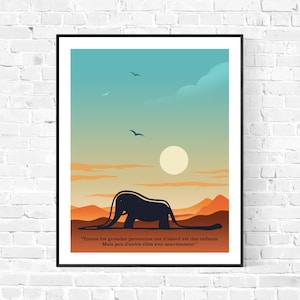 Le Petit Prince art poster, the Little Prince and elephant art print, quote in French