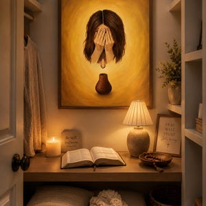 Op de afbeelding: Een serene interieurscène met een ingelijst schilderij van een figuur met handen voor het gezicht, boven een vaas. Een brandende kaars, een open boek en een lamp met lampenkap staan op een houten plank. Een bord leest "Be still, and know."