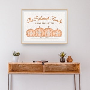 Peut inclure: Une impression encadrée avec un fond blanc et un texte orange qui dit "The Rebstock Family - Pumpkin Patch - Est. 2017". Il y a cinq citrouilles orange avec du texte blanc sur elles qui disent "Hamilton", "Kara", "Joey", "Baker", et "Est. 2017".