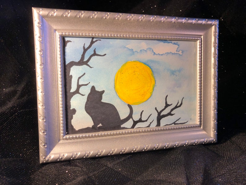 6X4-2288 Original Watercolor Painting Halloween Black Cat Silhouette