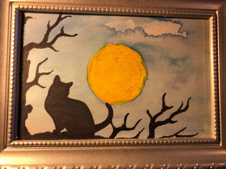 6X4-2288 Original Watercolor Painting Halloween Black Cat Silhouette