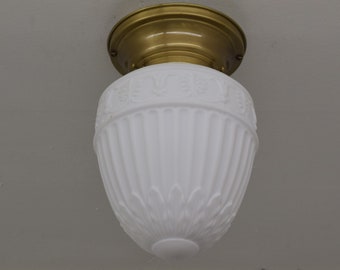 Flush Mount Ceiling Light With Original 1910-1920s Satin Milk Glass Shade & New Fixture In Antique Brass Finish; Ready To Install