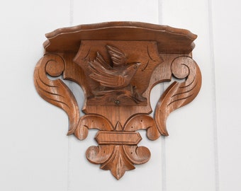 Antique Carved Walnut Decorative Shelf With Black Forest Style Carved Bird Detail