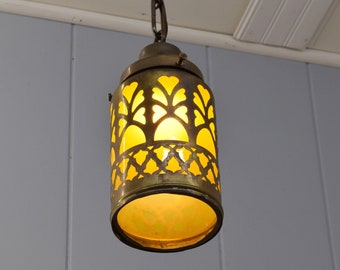 c. 1915 Antique Glass Shade Frosted Yellow Glass Encased In Brass With Beautiful Designs | Modern Pendant Fixture In Antique Brass Finish