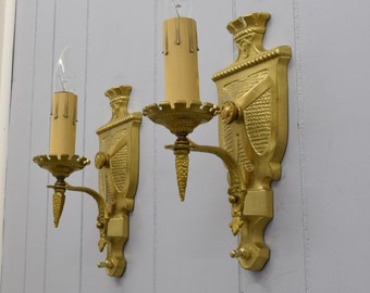 Rewired Pair 1920s Antique Wall Sconce Light Fixtures Cast Brass Tudor Revival Style Castle Motif 2 Pair Available