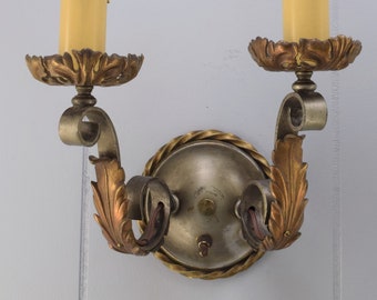 Pair c 1915 Brass 2 Tone Antique Wall Sconce Lights | Impressive Pair of Antique Vintage Wall Lamps | Rewired Lighting w/ Original Finish