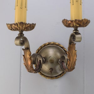 Pair c 1915 Brass 2 Tone Antique Wall Sconce Lights | Impressive Pair of Antique Vintage Wall Lamps | Rewired Lighting w/ Original Finish
