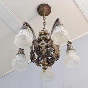 High Styled Intricately Detailed 1920s Antique Ceiling Light Rewired & Restored To Original Beauty 5 Light Chandelier