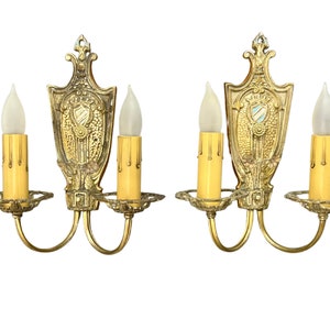 1920s Antique Wall Sconce Pair, Original Tudor or Spanish Revival Style Wall Lights w/ Crest & Flower Details image 1