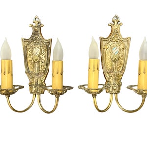1920s Antique Wall Sconce Pair, Original Tudor or Spanish Revival Style Wall Lights w/ Crest & Flower Details