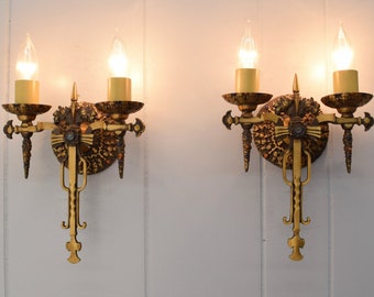 Pair Original Antique Bronze Torch Wall Sconce Lights Detailed With Acorn Leaf & Polychrome Paint Accents c. 1925 | Rewired
