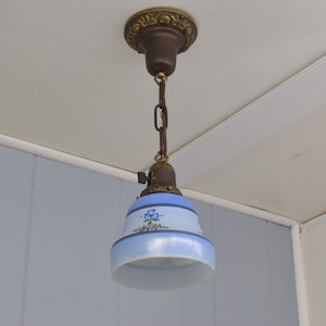 Original c. 1920 Hand Painted Milk Glass Shade w/ Blue Accents Rewired Antique Pendant Light Fixture With Floral Accents image 1