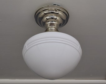 2 Available 1930s Art Deco Style Ceiling Light Fixture With Vintage Milk Glass Shade And Modern Polished Chrome Fixture