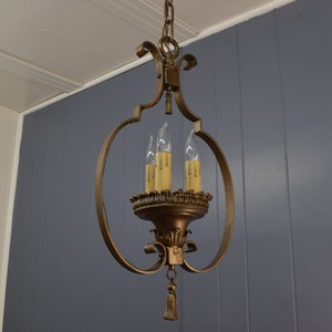 1920s Victorian Style Ceiling Light Fixture | Restored Antique Chandelier | 3 Candle Light Fixture w Antique Brass Finish
