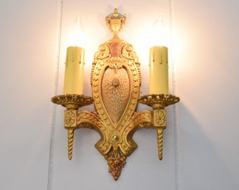 Single 1920s Gold Cast Iron Antique Wall Sconce Light Fixture With Original Factory Finish, Rewired Electric Double Candle Sconce