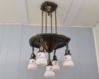 Antique Victorian Chandelier w/ Original Turn Key Sockets And Hand Painted Shades | Rewired Antique Brass Victorian Style Light Fixture