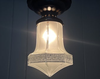 Petite 1910s Antique Ceiling Light Fixture With Frosted and Clear Glass Shade, Greek Key Pattern,  Restored Rewired Ceiling Fixture