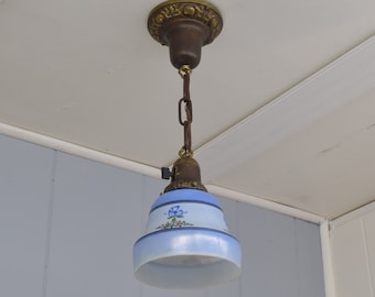 Original c. 1920 Hand Painted Milk Glass Shade w/ Blue Accents Rewired Antique Pendant Light Fixture With Floral Accents