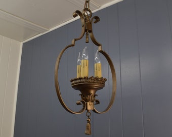 1920s Victorian Style Ceiling Light Fixture | Restored Antique Chandelier | 3 Candle Light Fixture w Antique Brass Finish