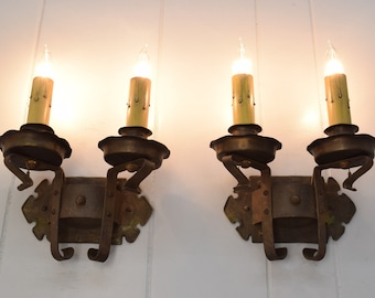 Circa 1920 Original Pair Antique Mission or Tudor Style Wall Bracket Light Fixtures With Original Finish & Pull Chain Sockets