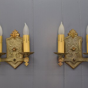 Pair 1920s Antique Sconce Light Fixtures Rewired 2 Arm Brass Spanish or Tudor Revival Original Finish Wall Lights Ready To Install image 5