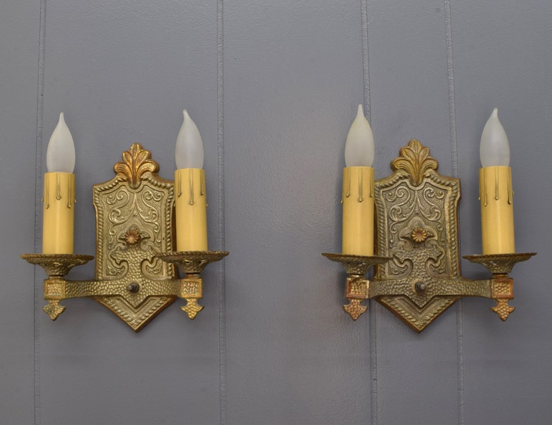 Pair 1920s Antique Sconce Light Fixtures Rewired 2 Arm Brass Spanish or Tudor Revival Original Finish Wall Lights Ready To Install image 5