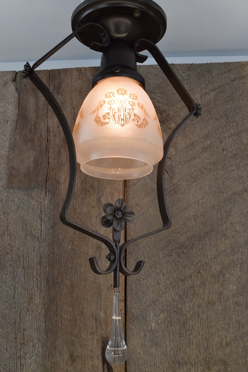 Antique Light Fixture Circa 1920 Semi-Flush Mount Ceiling Light With Floral Stencil on Frosted Shade image 3