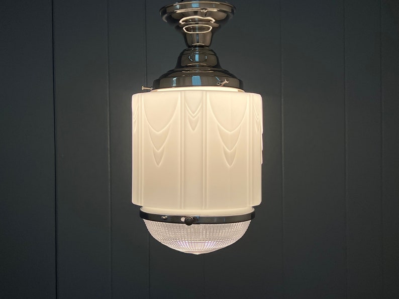 Vintage 1930s Art Deco Ceiling Light Fixture, Iconic 2 Part Milk Glass Shade And Prismatic Glass Bottom, Modern Chrome Fixture & Wiring image 6