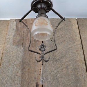 Antique Light Fixture Circa 1920 Semi-Flush Mount Ceiling Light With Floral Stencil on Frosted Shade image 2