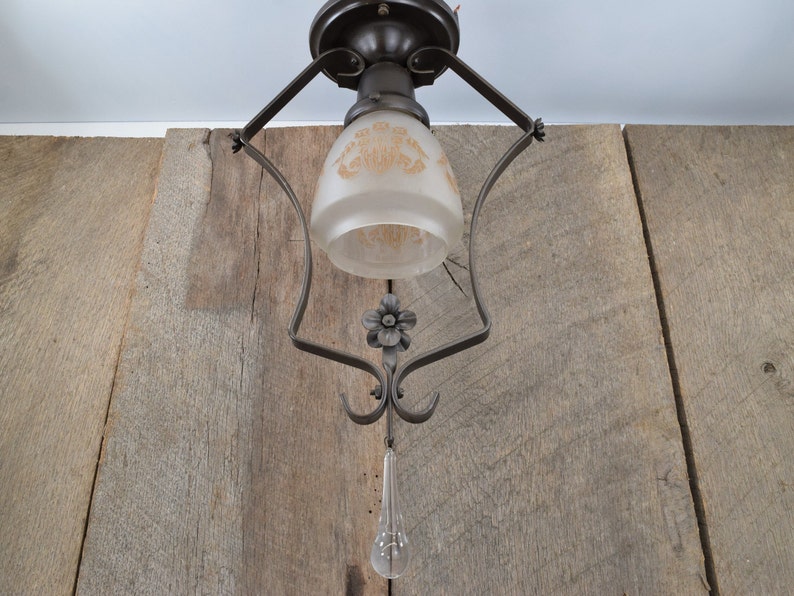 Antique Light Fixture Circa 1920 Semi-Flush Mount Ceiling Light With Floral Stencil on Frosted Shade image 2