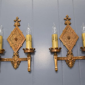 Pair Original Bronze Oscar Bach Style Antique Wall Sconce Lights Circa 1920 With Unicorn and Heraldic Details Rewired And Ready To Install image 2