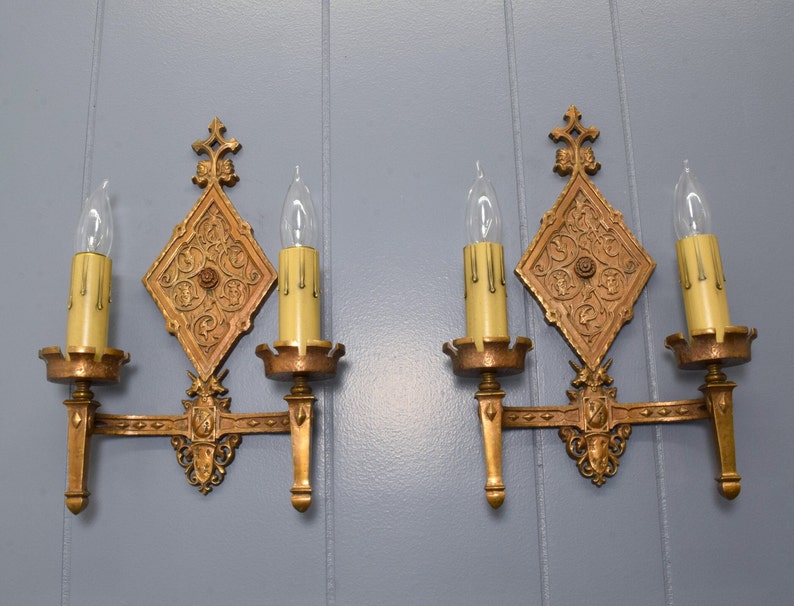 Pair Original Bronze Oscar Bach Style Antique Wall Sconce Lights Circa 1920 With Unicorn and Heraldic Details Rewired And Ready To Install image 2