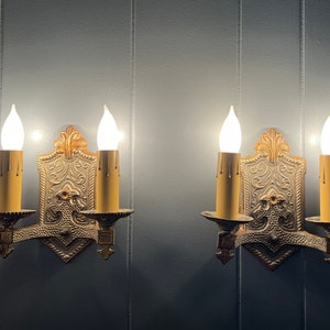 Pair 1920s Antique Sconce Light Fixtures Rewired 2 Arm Brass Spanish or Tudor Revival Original Finish Wall Lights Ready To Install image 9