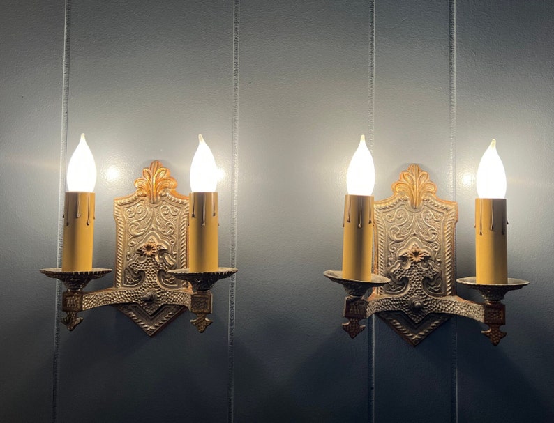 Pair 1920s Antique Sconce Light Fixtures Rewired 2 Arm Brass Spanish or Tudor Revival Original Finish Wall Lights Ready To Install image 9