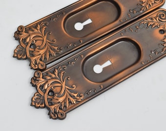 Pair Antique Pocket Door Pulls Original New Old Stock Loraine Design By P.F. Corbin In Antique Copper Sandblast Finish