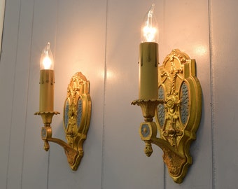 Rewired Pair Brass Antique Vintage Electric Single Candle Wall Sconce Light Fixture in Antique Gold w/ Original Factory Finish Circa 1920