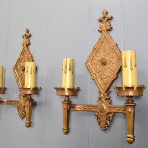 Pair Original Bronze Oscar Bach Style Antique Wall Sconce Lights Circa 1920 With Unicorn and Heraldic Details Rewired And Ready To Install image 1